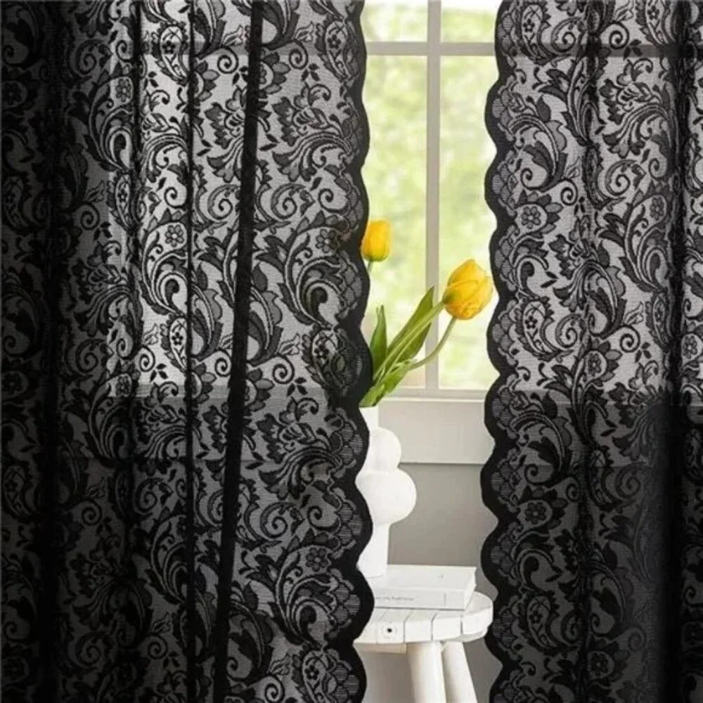 Pack of 2 Black Lace Vintage Floral Sheer Curtain Panels